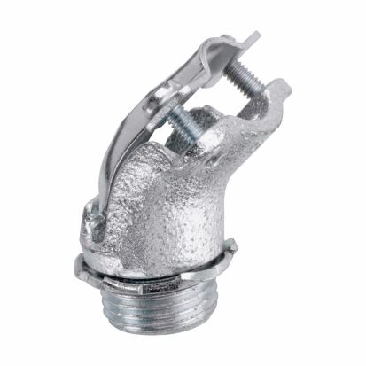 Eaton Crouse-Hinds series 737 AC/MC Clamp type connector, AC/MC and FMC, 45 Degree angle, Non-insulated, Malleable iron, 3/4 Inch