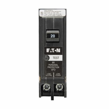 Eaton Corp Cutler-Hammer Series BRP120GF GFCI circuit breaker, Plug-in ground fault circuit breaker, 20 A, 10 kAIC, Single-pole, 120/240 V, BRP, Trip-to-center, Plug-on, #14-8 AWG, Ground fault circuit interrupter, GFI, 5 mA