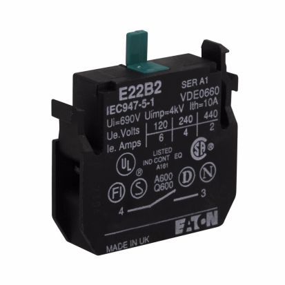 EATON Cutler-Hammer Series E22B2 Heavy Duty Non-Metallic Standard Contact Block, 22.5 mm, 1NO Contact, 10 A at 600 VAC, 2.5 A at 600 VDC Contact, Silver Contact