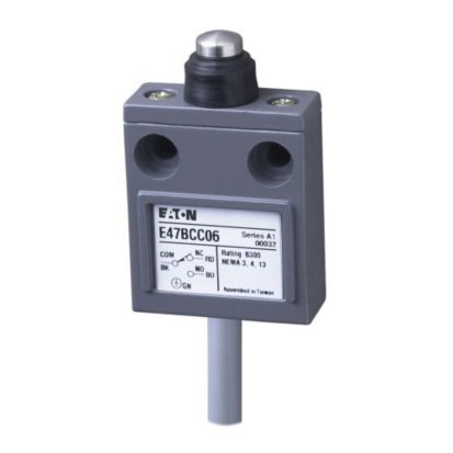 EATON Cutler-Hammer Series E47BCC06 Compact Pre-Wired Limit Switch With Internal Brake Chopper, 250 VAC, 30 VDC, 4/5 A, Sealed Pin Plunger Actuator, SPDT Contact, 1 Pole