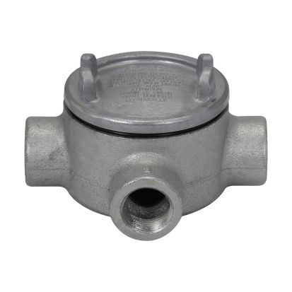 EATON Crouse-Hinds series Condulet GUAT26 conduit outlet box with cover, 3 Inch cover opening diameter, Feraloy iron alloy, T shape, 3/4 Inch