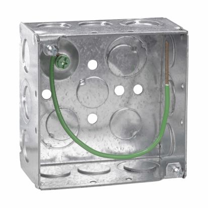 Eaton Crouse-Hinds series TP403 Square Outlet Box, (2) 1/2 Inch, (2) 1/2 Inch, (1) 3/4 Inch E, 4 Inch, Conduit (no clamps), Welded, 2-1/8 Inch, Steel, (8) 1/2 Inch,(4) 1/2 Inch, (1) 3/4 Inch E, 30.3 cubic inch capacity