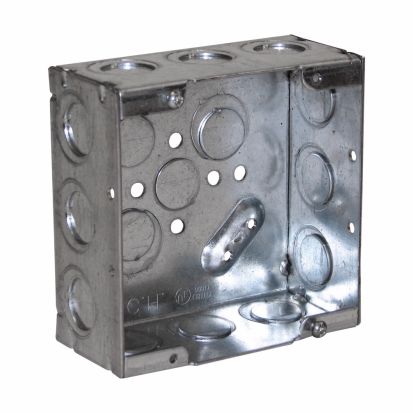 Eaton Crouse-Hinds series TP525PF Square Outlet Box, (2) 1/2 Inch, (2) 1/2 Inch, (1) 3/4 Inch E, 4-11/16 Inch, Conduit (no Clamps), Welded, 2-1/8 Inch, Steel, (12) 1/2 Inch, (1) 3/4 Inch E, Includes ground screw with pigtail lead, 44.0 cubic inch capacity