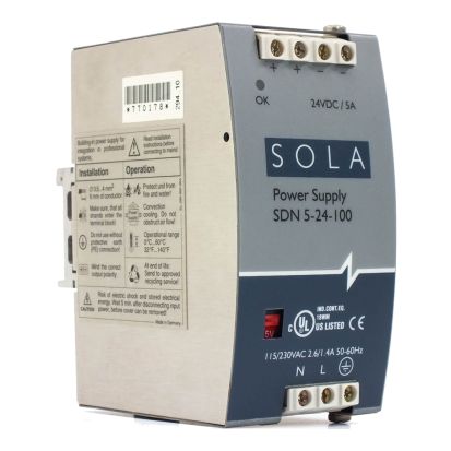 Emerson Electric SolaHD SDN5-24-100P SDN-P Compact Power Supply, 115/230 VAC Input, 24 VDC Output, 120 W Power Rating, 1.3/0.7 A, DIN Rail Mount