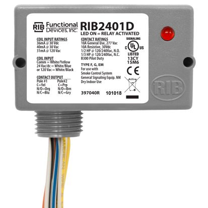 Functional Devices RIB2401D Enclosed Pilot Relay 10 AMP DPDT With 24 VAC/DC/120 VAC Coil