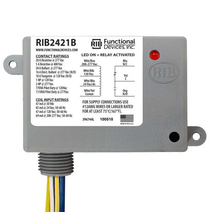 Functional Devices RIB2421B Enclosed Relay 20 AMP SPDT With 24 VAC/DC/120 VAC/208-277 VAC Coil