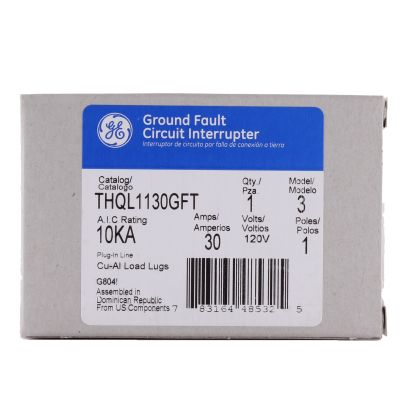 GE Q-Line® THQL1130GFT Model 3 Self-Test Ground Fault Circuit Breaker, 120 VAC, 30 A, 10 kA Interrupt, 1 Poles, Fixed Thermal Magnetic/Non-Interchangeable/LIG Trip