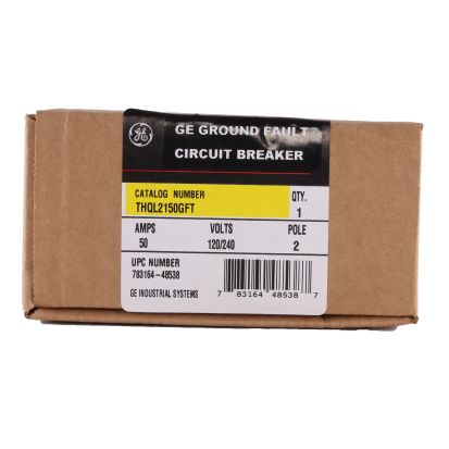 GE Q-Line® THQL2150GFT Model 3 Self-Test Ground Fault Circuit Breaker, 120/240 VAC, 50 A, 10 kA Interrupt, 2 Poles, Non-Interchangeable/LIG Trip
