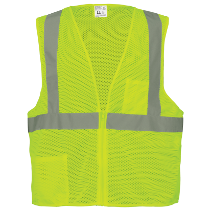 GLOBAL GLOVE GLO-001-L CLASS 2 MESH SAFETY VEST. HIGH VISIBILITY FLUORESCENT LIME, 3M REFLECTIVE FABRIC 8903. ZIPPER FRONT, TWO INSIDE POCKETS. TWO INSIDE POCKETS.