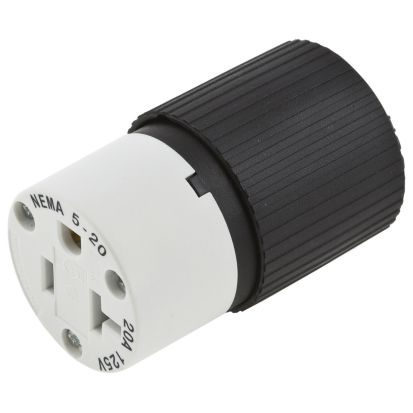 Hubbell Wiring Device-Kellems 520SC Straight Body Straight Blade Connector, 125 VAC, 20 A, 2 Poles, 3 Wires, Black/White