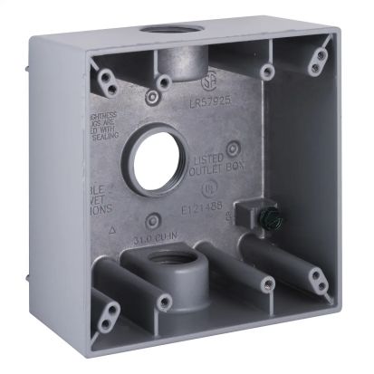 Hubbell BELL® 5341-0 Weatherproof Outlet Box With Lugs, Die Cast Aluminum, 32 cu-in, 2 Gangs, 3 Outlets, 4-1/2 in H x 4-1/2 in W x 2-1/8 in D