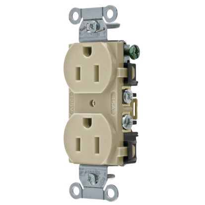 Hubbell Wiring Device-Kellems BR15I Duplex Straight Blade Receptacle, 125 VAC, 15 A, 2 Poles, 3 Wires, Light Almond