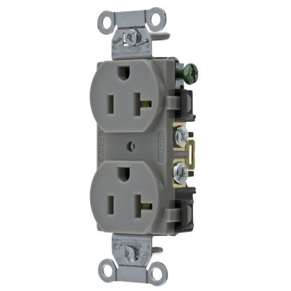 Hubbell Wiring Device-Kellems BR20GRY BR20 1-Phase Duplex Grounding Screw Mount Straight Blade Receptacle, 125 V AC, 20 A, 2 Poles, 3 Wires, Gray
