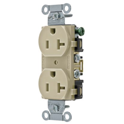 Hubbell Wiring Device-Kellems BR201 Commercial Duplex Receptacle, 125 VAC, 20 A, 2 Poles, 3 Wires, Ivory