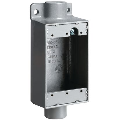 Hubbell Killark FSC-2 Feed-Through Cast Device Box, Copper Free Aluminum, 18 cu-in Capacity, 1 Gang, 1 Outlet, 6-3/8 in H x 2-7/8 in W x 2 in D