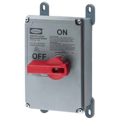 Hubbell Wiring Device-Kellems Circuit-Lock HBLDS3AC Non-Fusible Enclosed Disconnect Switch With Auxiliary Contacts, 600 VAC, 30 A, 15 hp, 2-Position Contact, 3 Poles