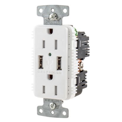 Hubbell Wiring Device-Kellems tradeSELECT USB15A5W Duplex Grounding Heavy Duty Tamper-Resistant Standard USB Charger Receptacle With Green LED, 15 A, 125 VDC, 1 ph Phase, 2 Poles, 3 Wires, White