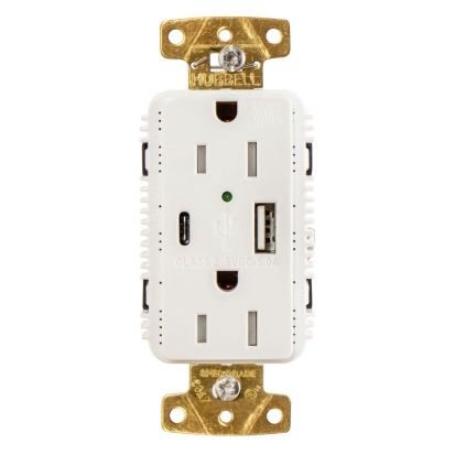 Hubbell Wiring Device-Kellems tradeSELECT USB15AC5WWR Decorator Duplex Heavy Duty Grounding Standard Tamper-Resistant Weather-Resistant USB Charger Receptacle With Green LED, 125 V, 15 A, 1875 W, 1 Phase, 2 Poles, 3 Wires, White