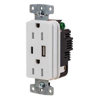 Hubbell Wiring Device-Kellems USB15ACW USB Charger Duplex Receptacle, 15A 125V,2-Pole 3-Wire Grounding, 5-15R, 2) 3.1 A USB Ports, Brown