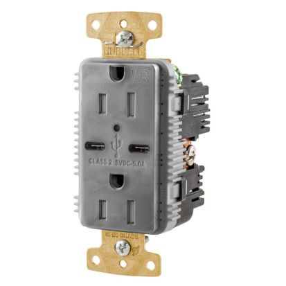 Hubbell Wiring Device-Kellems tradeSELECT USB15C5GYWR Decorator Duplex Grounding Heavy Duty Tamper/Weather-Resistant USB Charger Receptacle With Green LED, 15 A, 125 V DC, 1 Phase, 2 Poles, 3 Wires, Gray