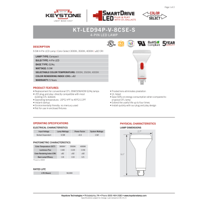 Keystone KT-LED94P-V-8CS-S LED PL Bulb