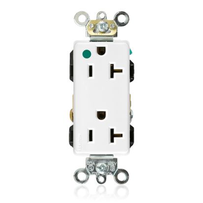 Leviton® Decora® Plus 16362-HGW 1-Phase Duplex Extra Heavy Duty Self-Grounding Straight Blade Receptacle, 125 VAC, 20 A, 2 Poles, 3 Wires, White