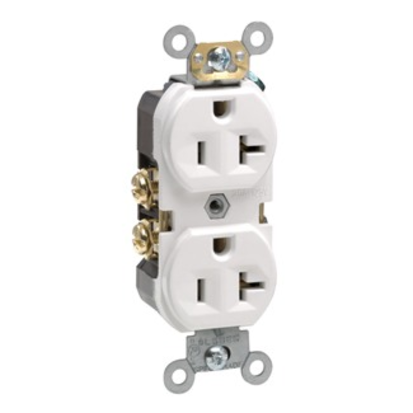 Leviton® BR20-W Duplex Heavy Duty Narrow Straight Blade Receptacle, 125 VAC, 20 A, 2 Poles, 3 Wires, White