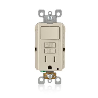 Leviton® SmartlockPro® Slim® GFSW1-T GFCI Monochromatic Self-Test Single Slim Combination Switch and Receptacle With LED Indicator, 125 VAC, 15 A, 2 Poles, 3 Wires, 14 to 10 AWG Wire