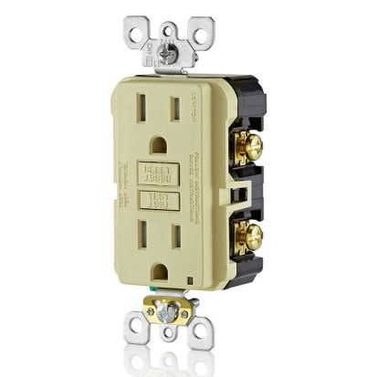 Leviton® GFTR1-I Duplex Feed Through Self-Test Slim Standard Tamper Resistant GFCI Receptacle With Ivory Test, Reset Button, 125 VAC, 20 A, 2 Poles, 3 Wires, Ivory
