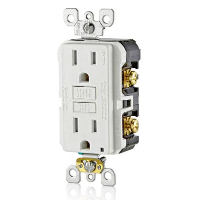 Leviton® GFTR1-W Duplex Feed Through Self-Test Slim Standard Tamper Resistant GFCI Receptacle With White Test, Reset Button, 125 VAC, 20 A, 2 Poles, 3 Wires, White