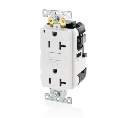 Leviton® SmartlockPro® Slim® MGFN2-W Duplex Feed Through Self-Test GFCI Receptacle, 125 VAC, 20 A, 2 Poles, 3 Wires, White