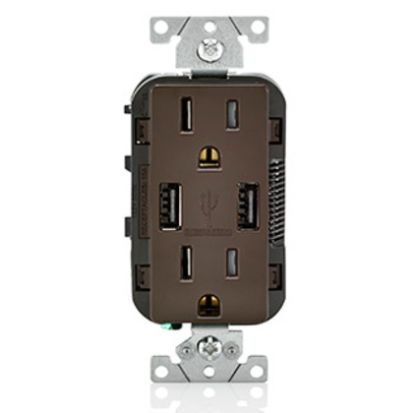 Leviton® T5632-B Grounding Tamper-Resistant Receptacle and USB Charger, 15 A, 125 VAC, 0.5 hp, 2 Poles, 3 Wires, Brown