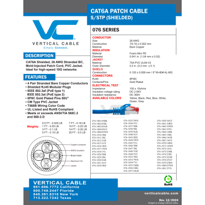 Vertical Cable 076-1013/1GY Cat 6A Shielded Patch Cord - 1 Foot