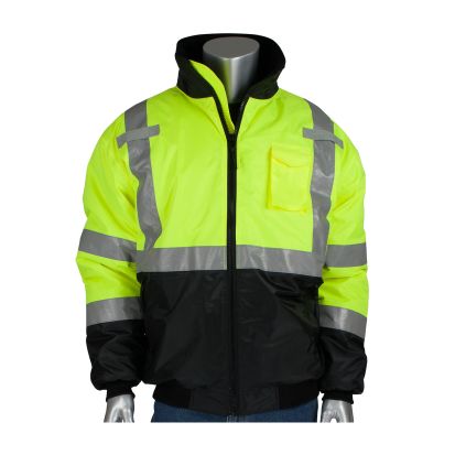 PIP® 333-1740-LY/XL ANSI Type R Class 3 Value Black Bottom Bomber Jacket, Hi-Vis Lime Yellow, Size XL