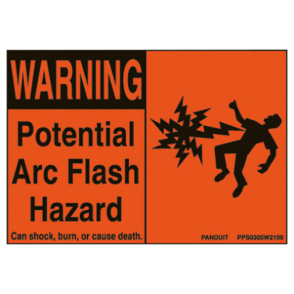 Panduit® PPS0507W2100 Pre-Printed Arc Flash Label, 5 in L x 7 in W, WARNING Potential Arc Flash Hazard Legend, Black/Orange, Adhesive Polyester, 5 per Pack Labels