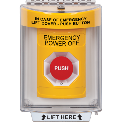 STI SS2231PO-EN Stopper® Station Push Button with Protective Cover, Turn to Reset, EMERGENCY POWER OFF, Yellow
