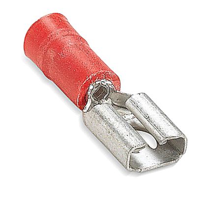 Thomas & Betts Sta-Kon® RA257 250 Female Disconnect, 22 to 18 AWG Conductor, 0.25 in W x 0.032 in THK Tab, Brazed Seam Barrel, Brass, Red, Insulated