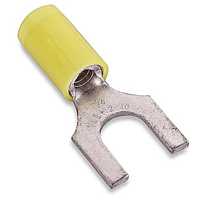 Thomas & Betts Sta-Kon® RC10-10F RC Series Insulated Fork Terminal, 12 to 10 AWG Conductor, 1 in L, Brazed Seam/Serrated Barrel, Copper, Yellow