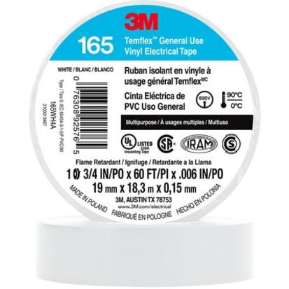 3M™ 7100169491  Temflex™ Vinyl Electrical Tape 165, White, 3/4 in x 60 ft (19 mm x 18 m), 100 Rolls/Case