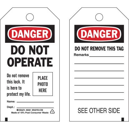 Brady® 65501 2-Sided Rectangular Self-Laminating Danger Tag, 5-3/4 in H x 3 in W, Black/Red on White, 3/8 in Hole, B-851 Polyester