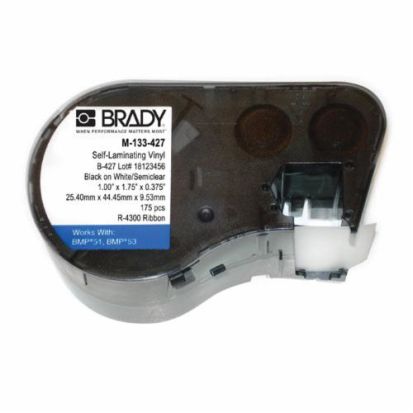 Brady® M-133-427 Rectangular Cartridge Label, 1 in L x 1-3/4 in W, For Use With BMP® 53 and BMP® 51 Label Maker, B-427 Vinyl, Black on Clear/White