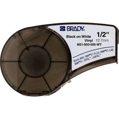 Brady® M21-500-595-WT Label Cartridge, 21 Ft L X 1/2 In W, For Use With BMP®21, BMP®21-plus, ID Pal, Labpal™ And BMP®21-lab Printers, Vinyl, Black/white