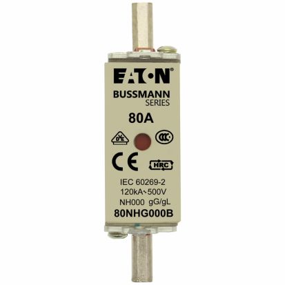 Eaton Bussmann Series 80NHG000B Size 000 Class gG/gL Dual Indicator NH Fuse Link With Metal Gripping Lugs, 500 VAC/250 VDC, 80 A, For Use With Bussmann Series NH Size Photovoltaic Fuse, Ceramic