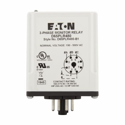 EATON D65PLR480 Reversal Phase Loss Monitoring Relay, 240/480 VAC, 10 A, 8 Pins, SPDT