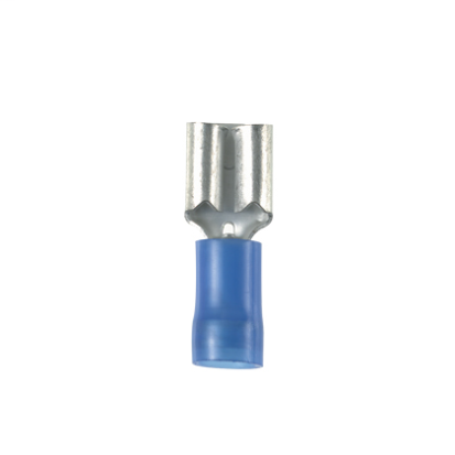 Panduit® Pan-Term® DNF14-110-C Loose Piece Vibration-Resistant Female Disconnect, 16 to 14 AWG Conductor, 0.11 in W x 0.032 in THK Tab, Funnel Entry/Serrated/Sleeve Barrel, Brass, Blue