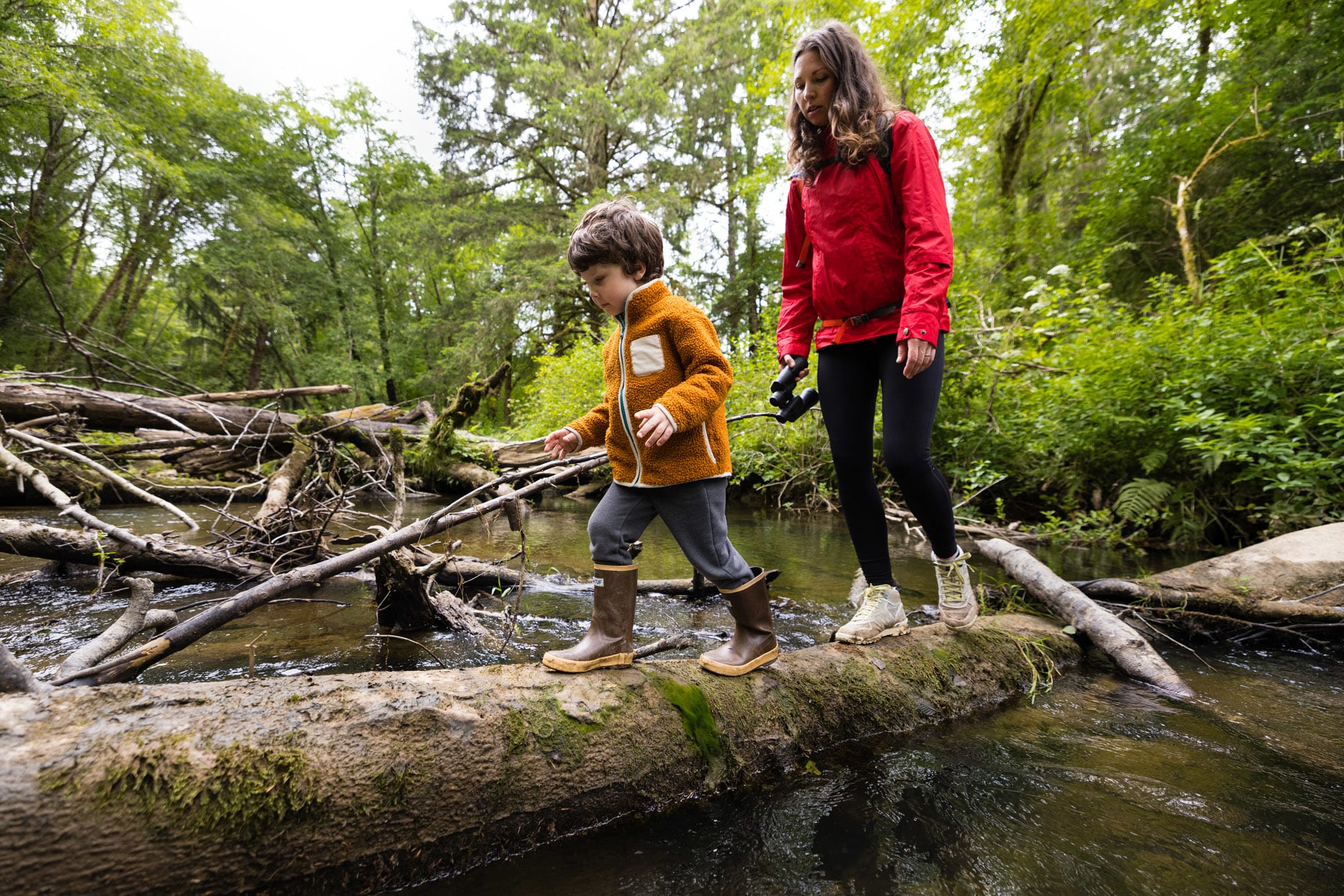 An adult and child cross a log over Bear River