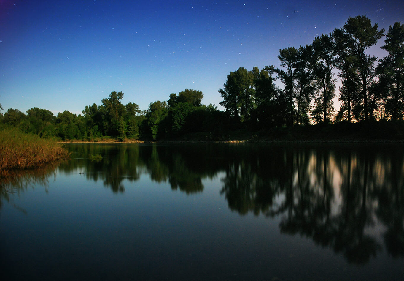 Night settles in on the Willamette River near the confluence with the Luckimate. WRC permanently protected 312 acres at Luckiamute Landing, a popular boat put-in and home to excellent habitat for fish and migratory birds.