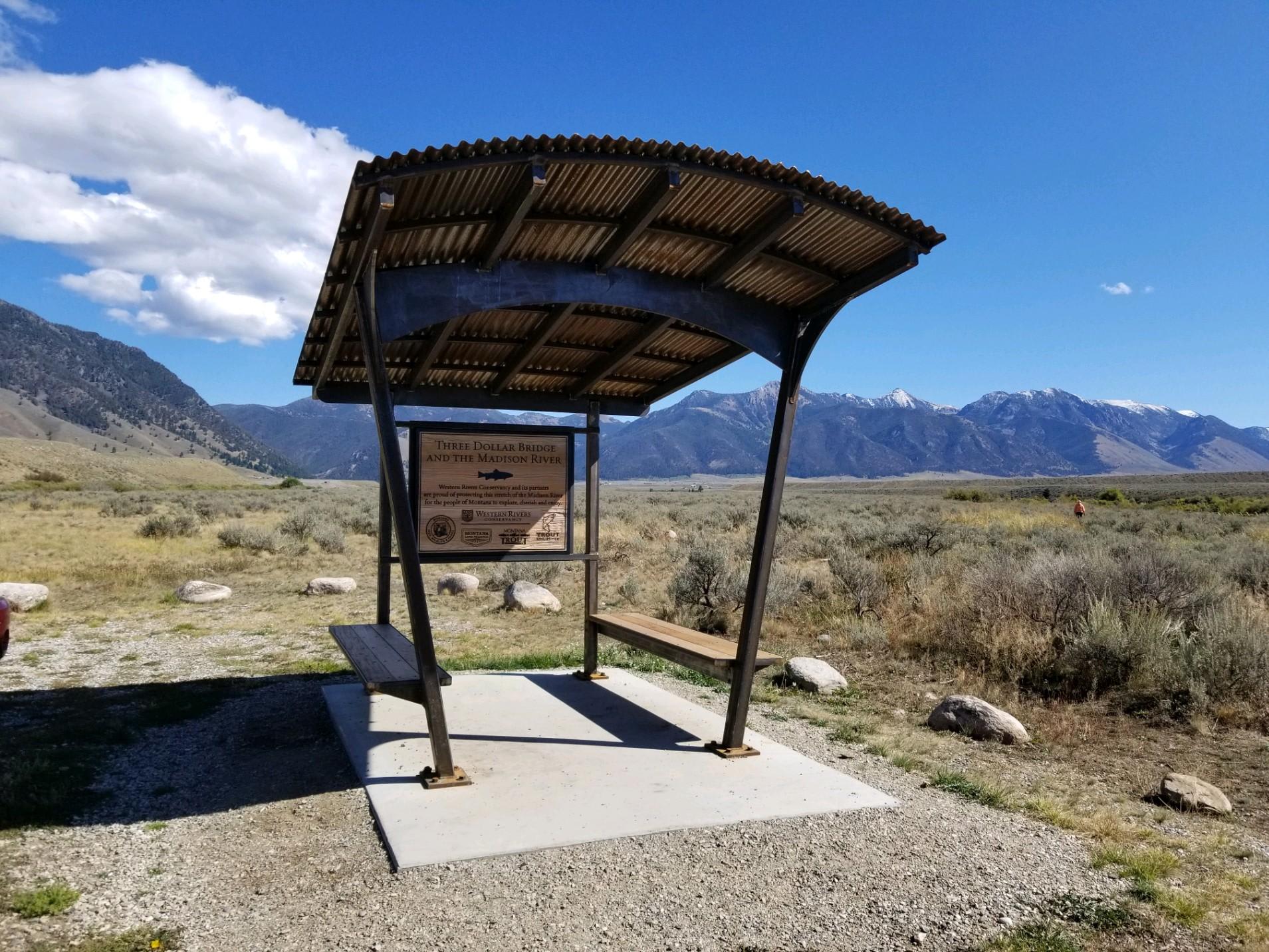 In spring 2019, WRC installed a shelter and sign near Three Dollar Bridge so visitors may find respite from the Montana sun. Through the generosity of our supporters, we have been able to tell the story of how WRC and our partners conserved this special site.