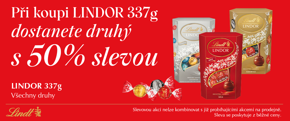 Lindor 337g 50% sleva na druhý kus Lindor 337g 50% sleva na druhý kus