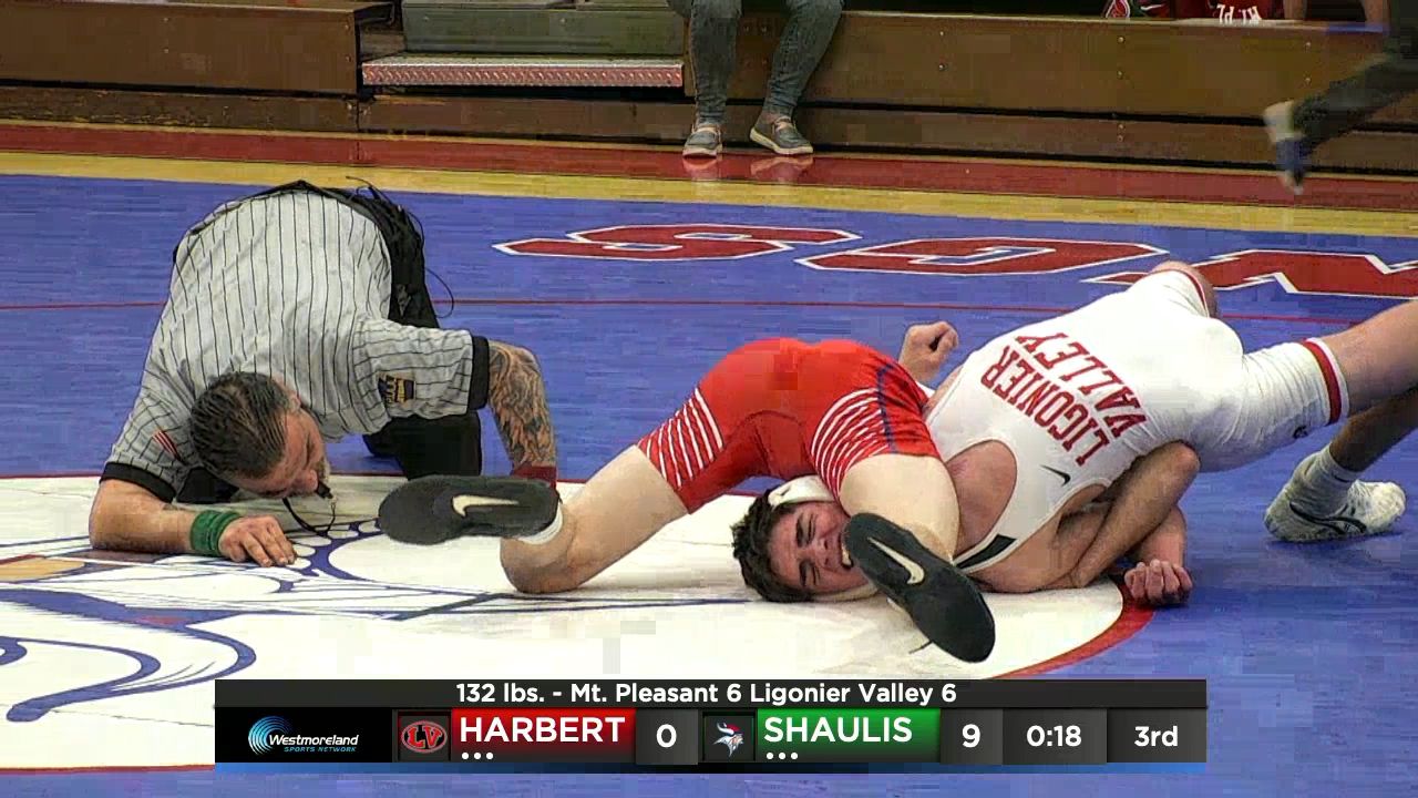 Mt. Pleasant's Greg Shaulis earned a major decision over Ligonier Valley's Josh Harbert at 132 pounds Wednesday night.